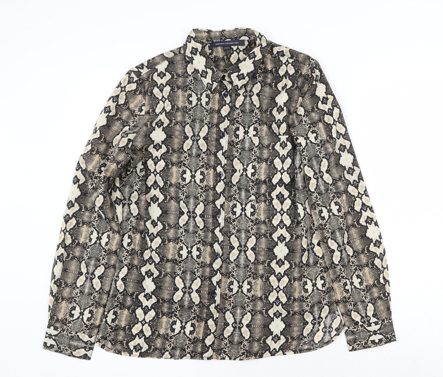 French Connection Womens Brown Geometric Polyester Basic Button-Up Size 8 Collared