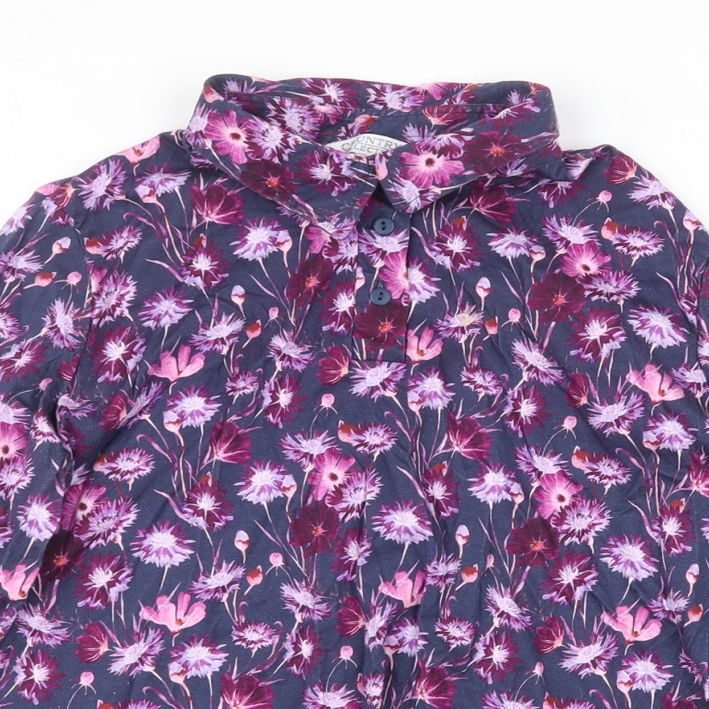 EWM Womens Purple Floral 100% Cotton Basic Button-Up Size L Collared