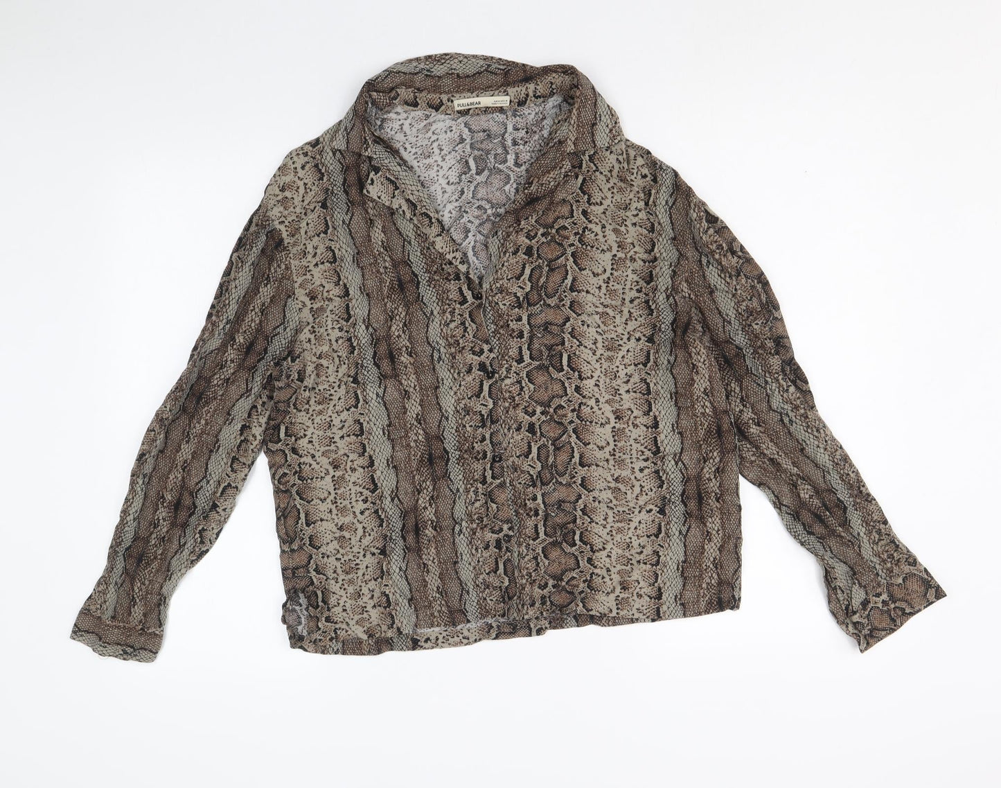 Pull&Bear Womens Brown Animal Print Viscose Basic Button-Up Size M Collared - Snake Skin Print