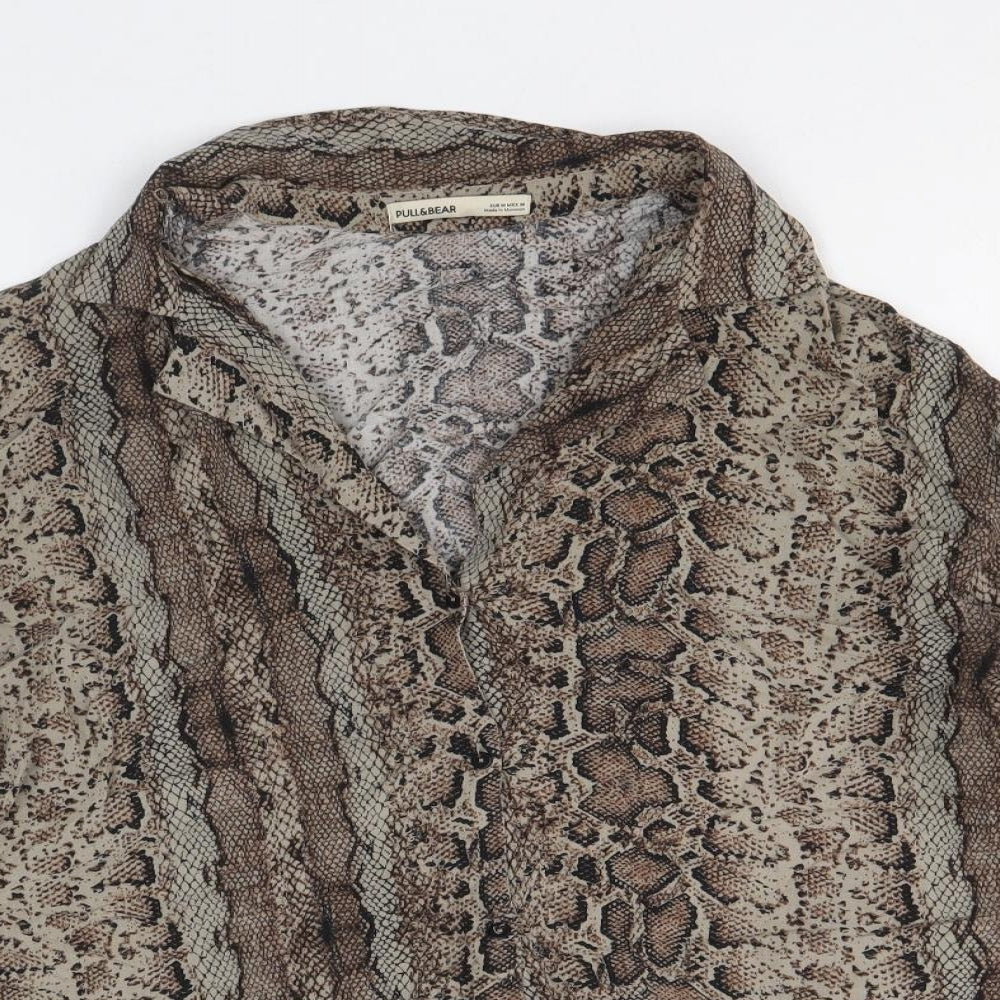 Pull&Bear Womens Brown Animal Print Viscose Basic Button-Up Size M Collared - Snake Skin Print