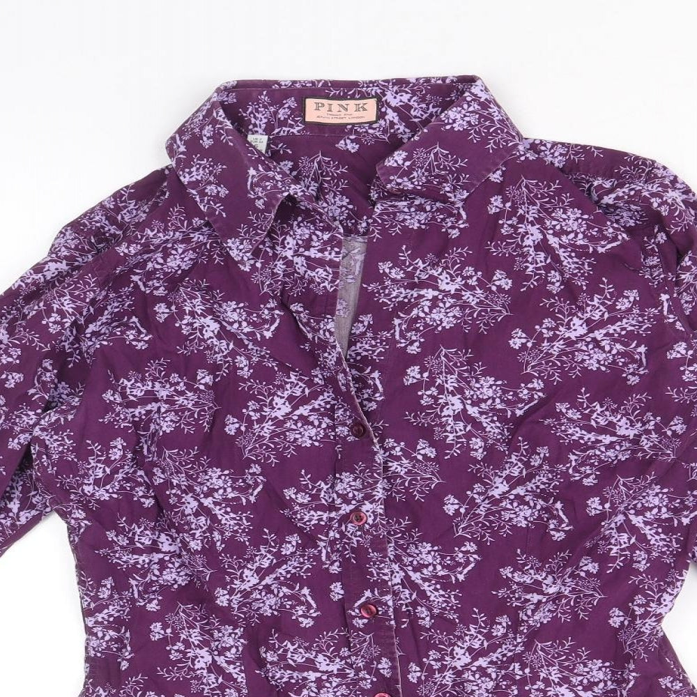 PINK Womens Purple Geometric 100% Cotton Basic Button-Up Size 8 Collared