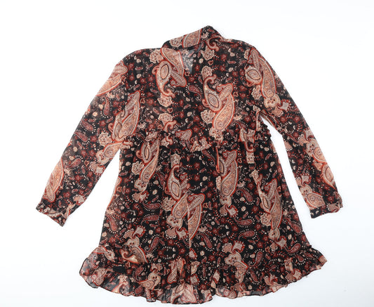 Zara Womens Orange Paisley Polyester Shirt Dress Size S Collared Button