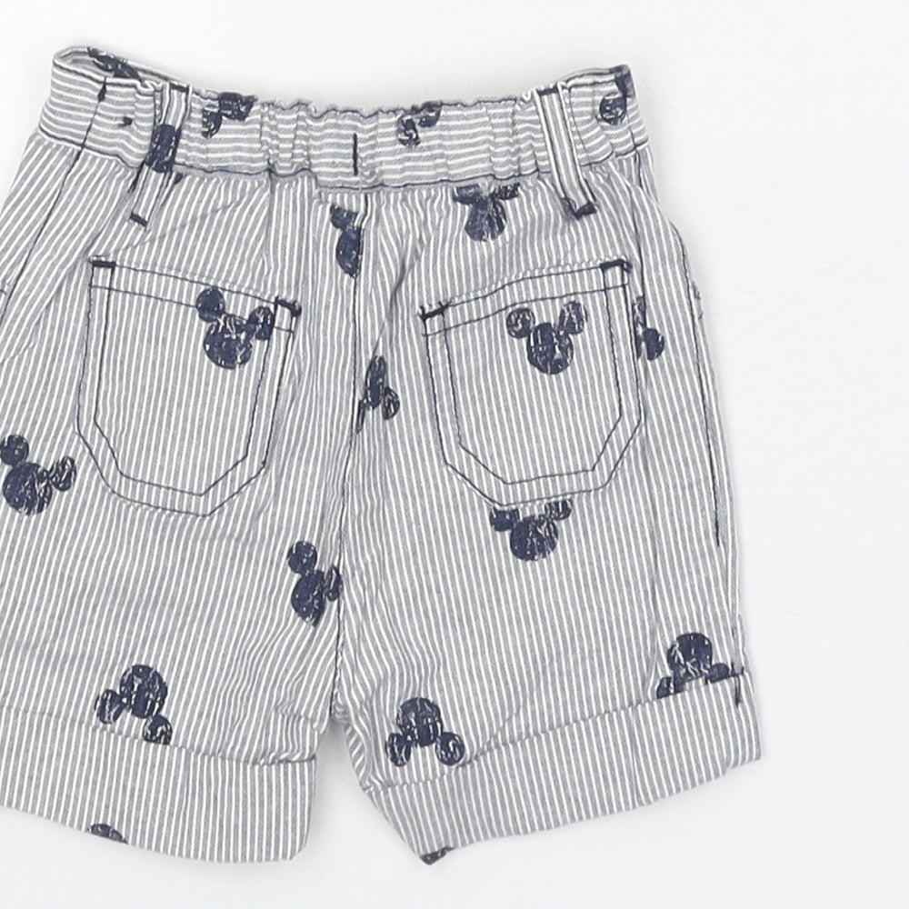 Brand and care label for Disney boys’ grey striped cotton cropped trousers, size 0-3, months l50 cm button - mickey mouse
