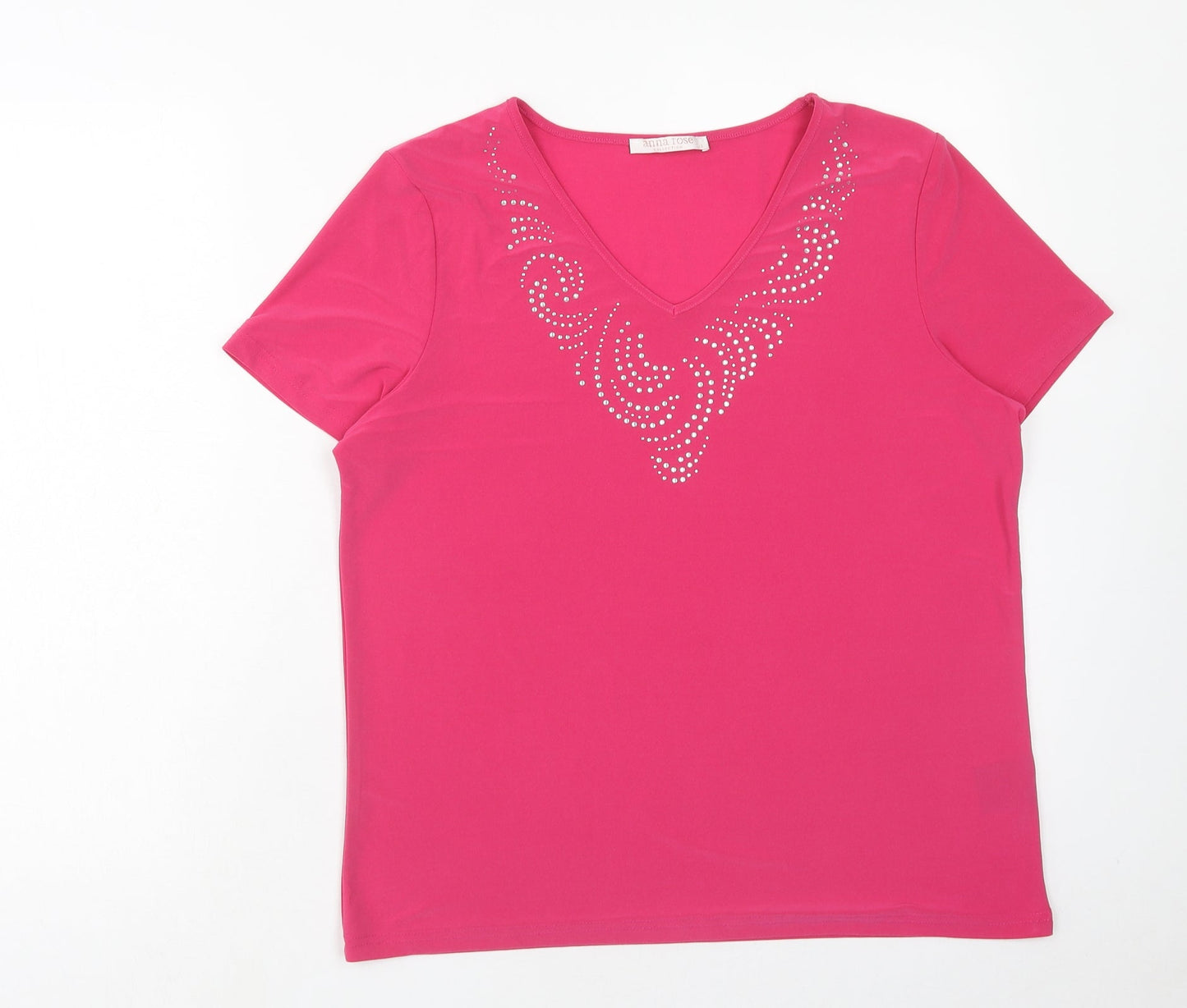 Anna Rose Womens Pink Polyester Basic T-Shirt Size L V-Neck