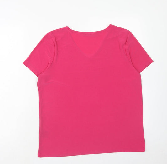 Anna Rose Womens Pink Polyester Basic T-Shirt Size L V-Neck