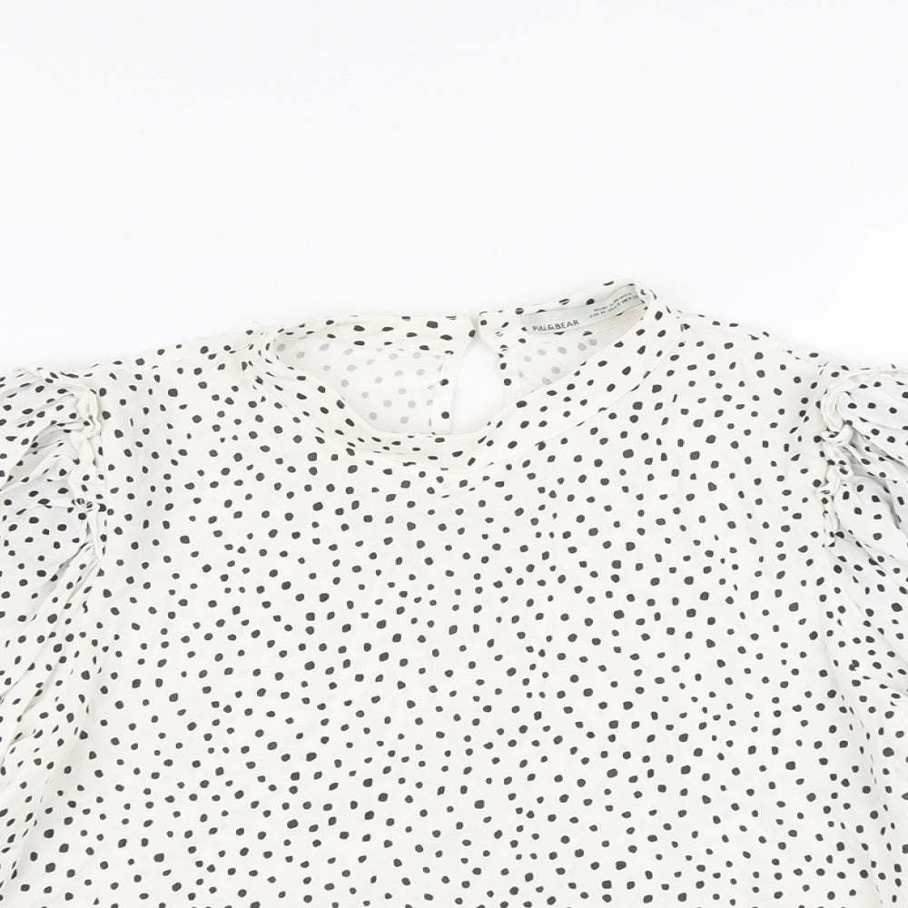 Pull&Bear Womens White Geometric Viscose Basic Blouse Size M Round Neck