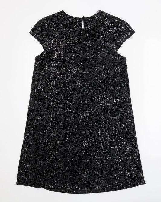 River Island Womens Black Geometric Polyester Shift Size 8 Round Neck Button