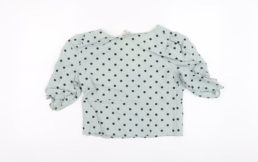 Brave Soul Womens Green Polka Dot Polyester Cropped Blouse Size L V-Neck
