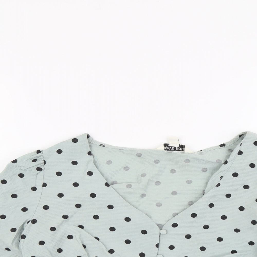 Brave Soul Womens Green Polka Dot Polyester Cropped Blouse Size L V-Neck