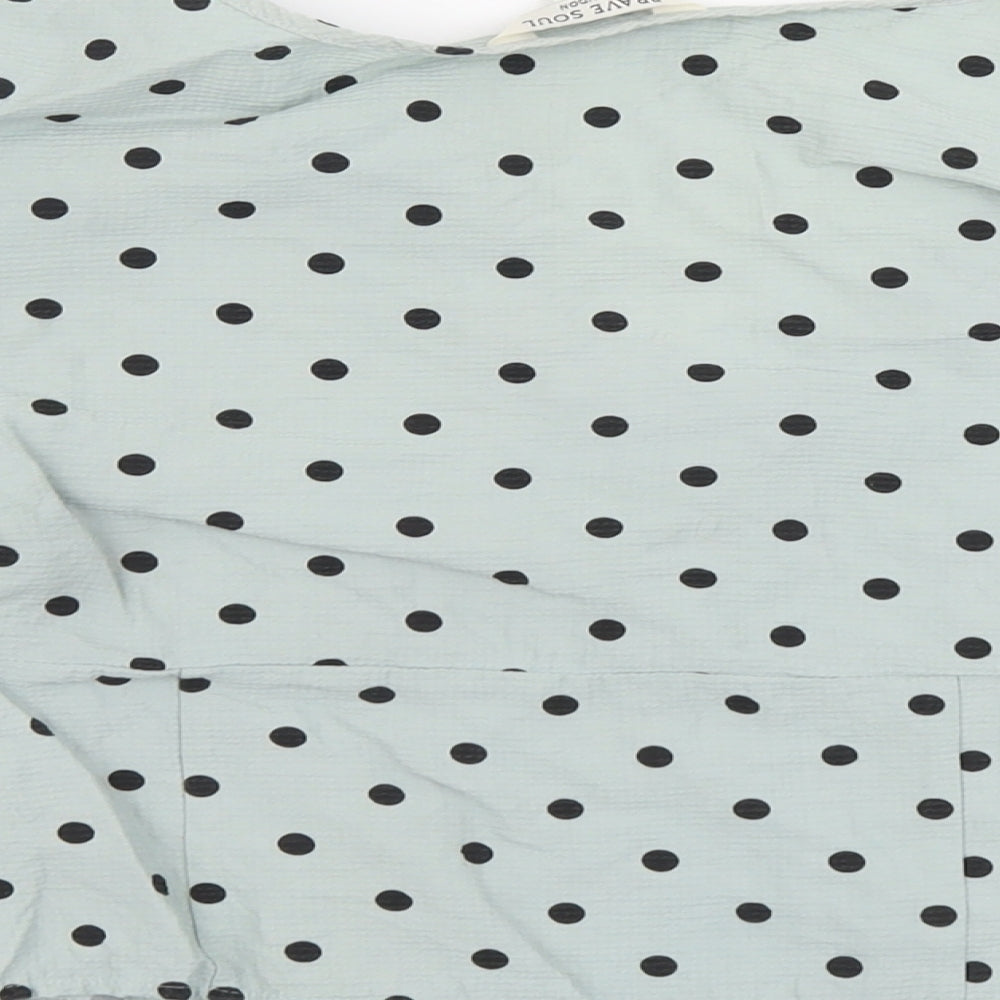 Brave Soul Womens Green Polka Dot Polyester Cropped Blouse Size L V-Neck