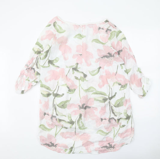 LV Clothing Womens White Floral Linen A-Line One Size Round Neck Pullover