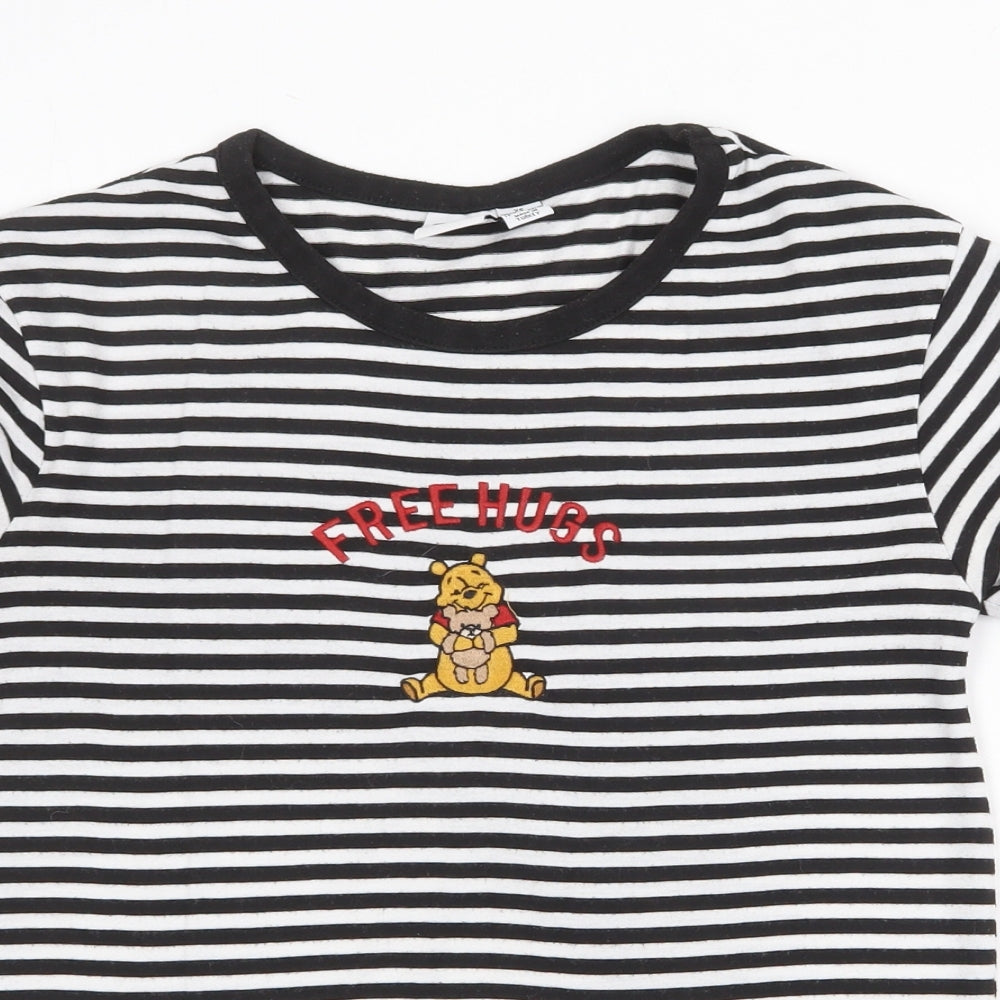 Disney Womens Black Striped Polyester Basic T-Shirt Size XS Round Neck - Winnie the Pooh Free Hugs