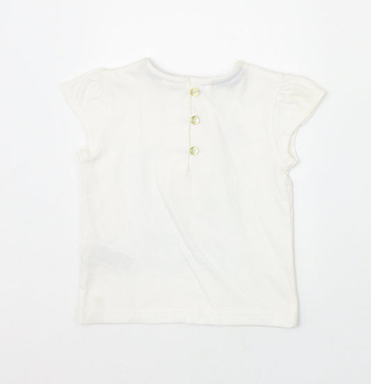 Marks and Spencer Girls Ivory 100% Cotton Pullover T-Shirt Size 3-6 Months Round Neck Button - Boat