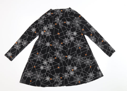 Poetic Soul Girls Black Geometric Polyester A-Line Size 11-12 Years Round Neck Pullover - Spider Web Halloween