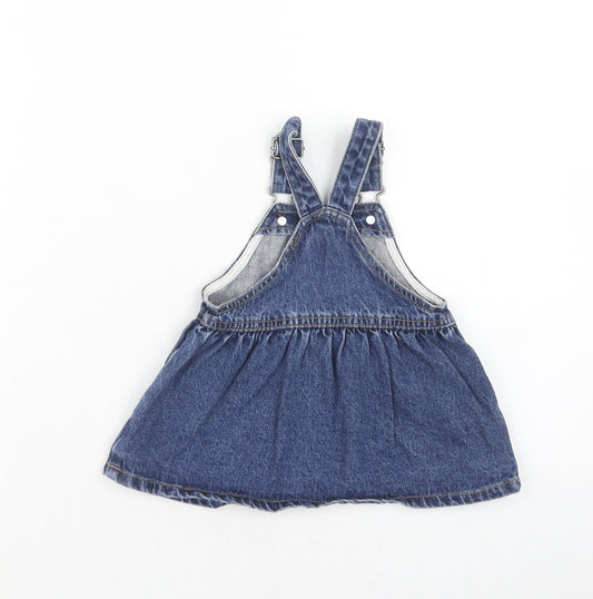 NEXT Girls Blue Cotton Pinafore/Dungaree Dress Size 3-6 Months Square Neck Button