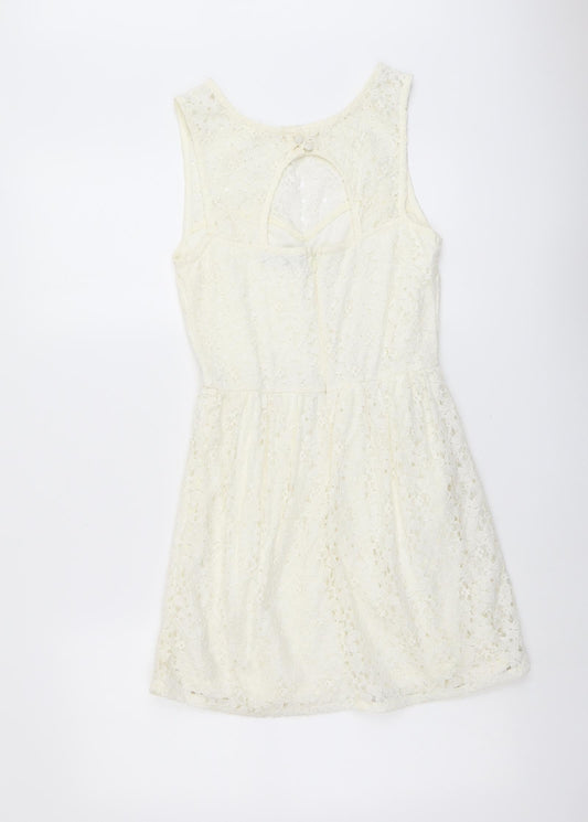 Jane Norman Womens Ivory Floral Cotton A-Line Size 6 Round Neck Button