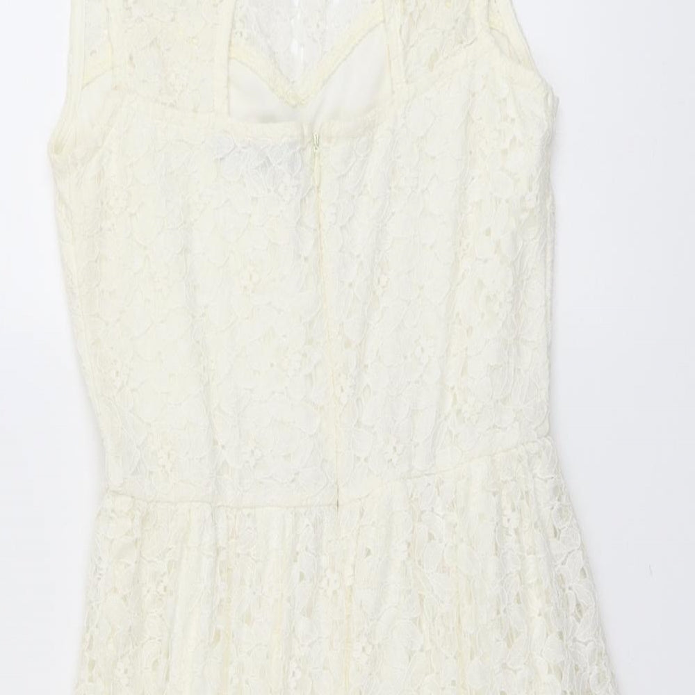 Jane Norman Womens Ivory Floral Cotton A-Line Size 6 Round Neck Button