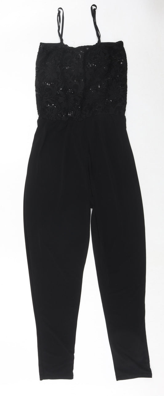 Signature Womens Black Polyester Jumpsuit One-Piece Size S Pullover - Lace Top
