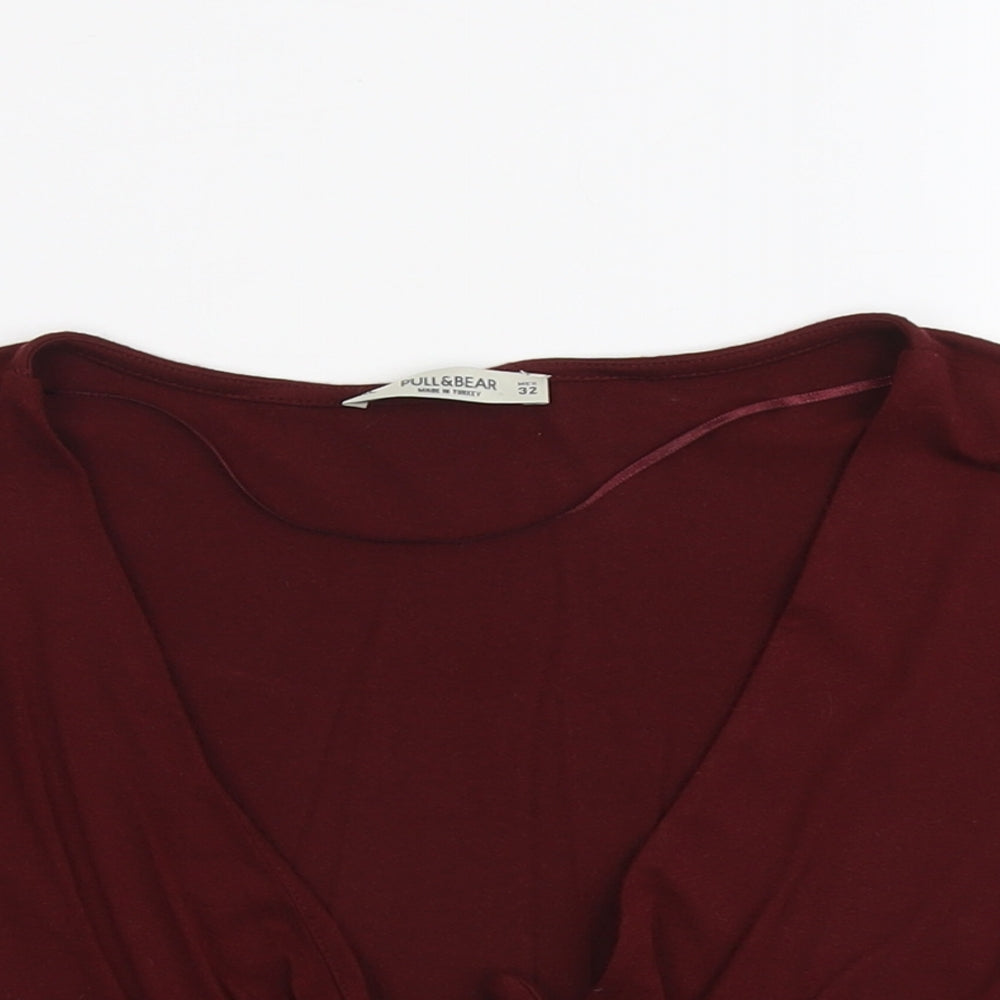 Pull&Bear Womens Red Viscose Cropped T-Shirt Size XL V-Neck