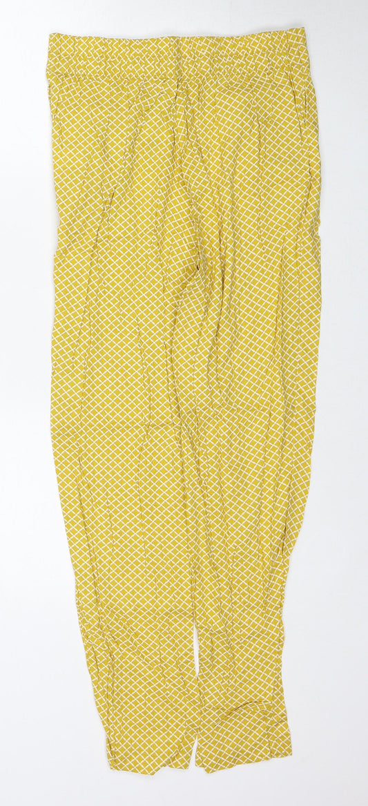 Marks and Spencer Womens Yellow Geometric Viscose Trousers Size 8 Regular Zip