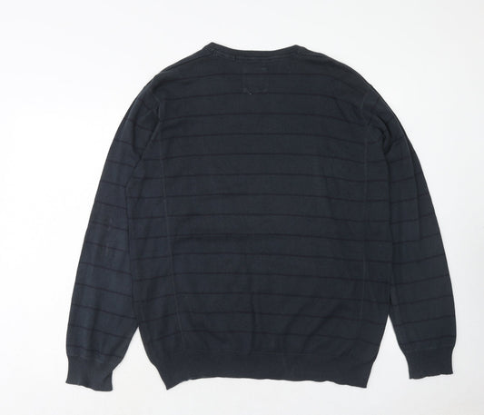 Sand Stone Mens Blue V-Neck Striped Cotton Pullover Jumper Size L Long Sleeve