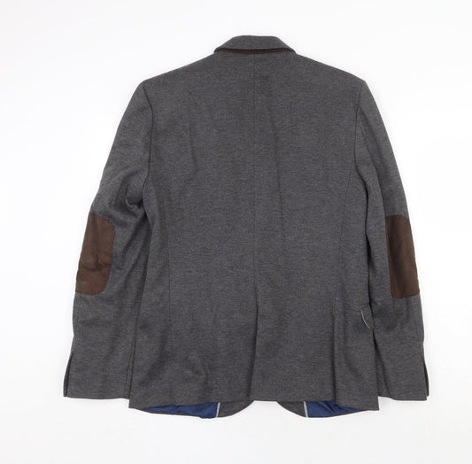 River Island Mens Grey Wool Jacket Blazer Size M Regular - Elbow Patches