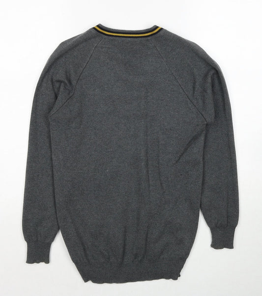 MagicFit Mens Grey V-Neck Cotton Pullover Jumper Size S Long Sleeve