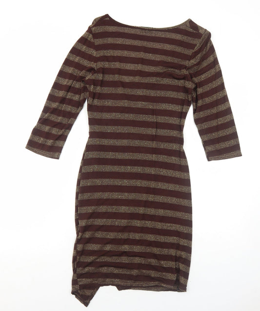 Acme Womens Brown Striped Polyester A-Line Size 10 V-Neck Pullover
