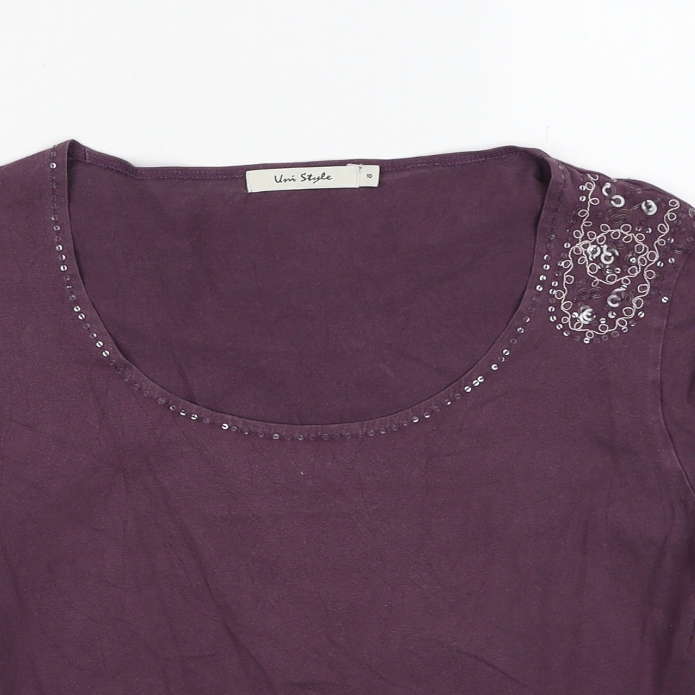 Uni Style Womens Purple Polyester Basic T-Shirt Size 10 Boat Neck - Embellished Neckline