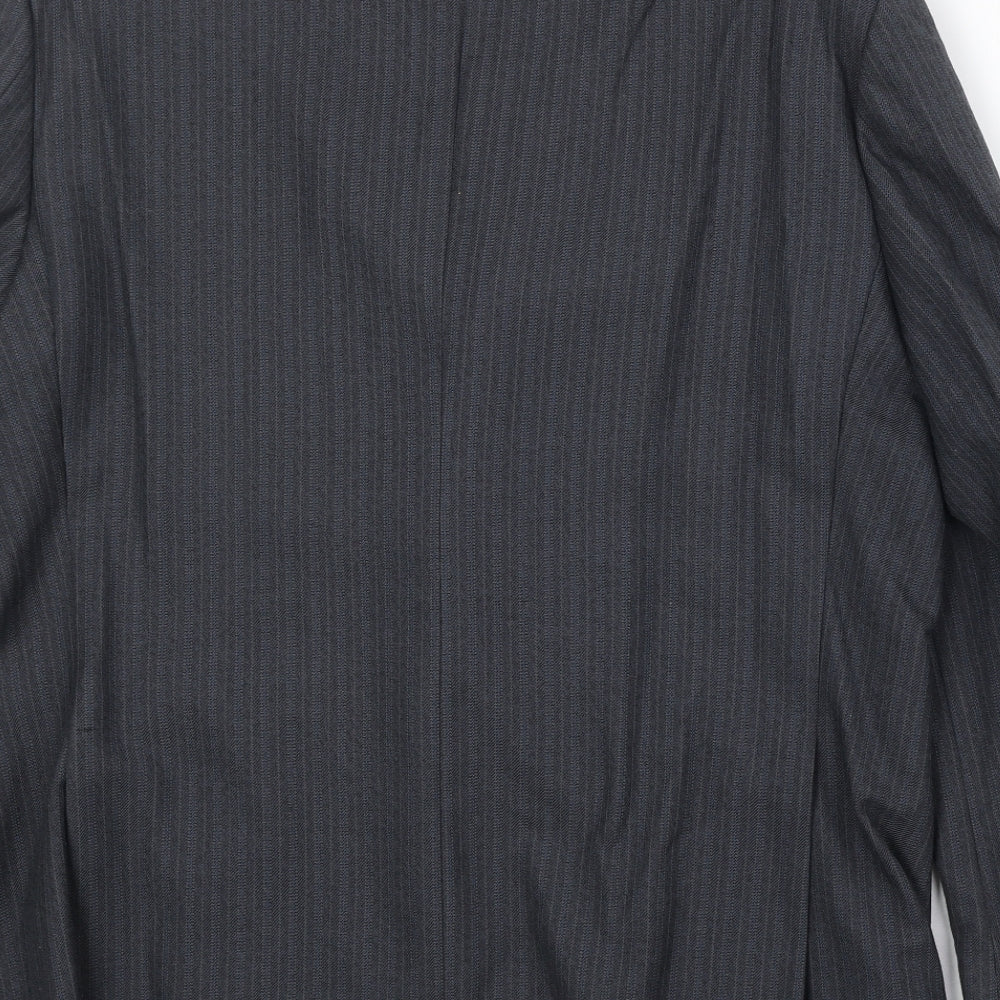 Brand and care label for Wellington men’s grey striped polyester jacket suit jacket, size 42, regular