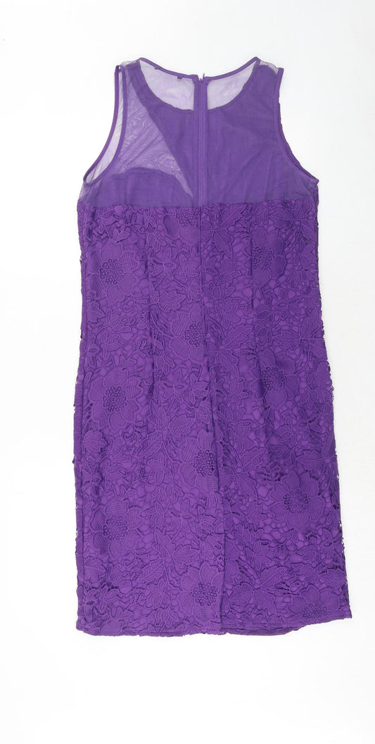Klass Womens Purple Geometric Polyester A-Line Size 12 Round Neck Zip