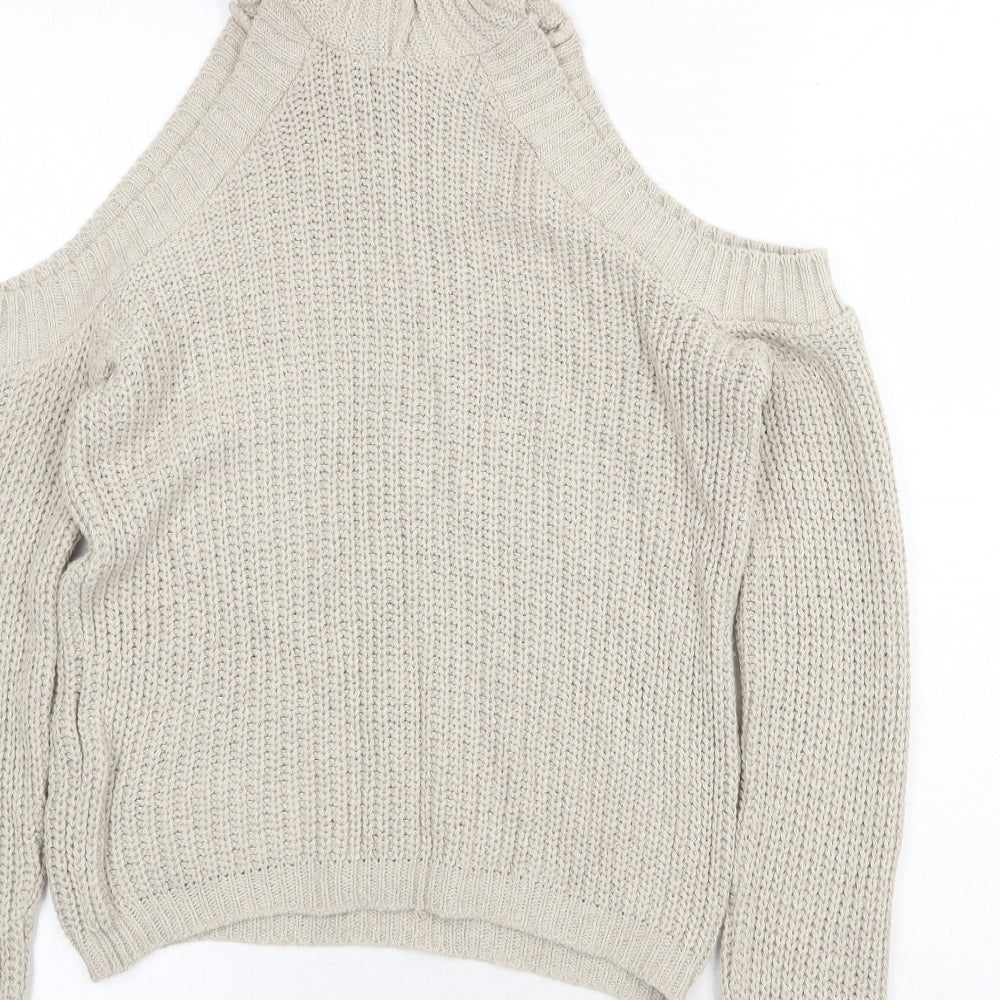 Brand and care label for Missguided women’s beige high neck acrylic jumper, size S, pullover