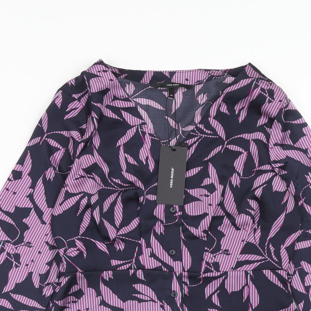 VERO MODA Womens Purple Geometric Polyester Basic Button-Up Size XS V-Neck