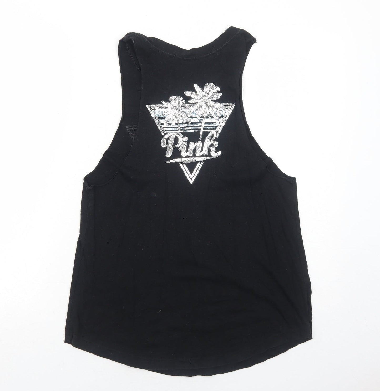 PINK Womens Black Cotton Basic Tank Size S Round Neck