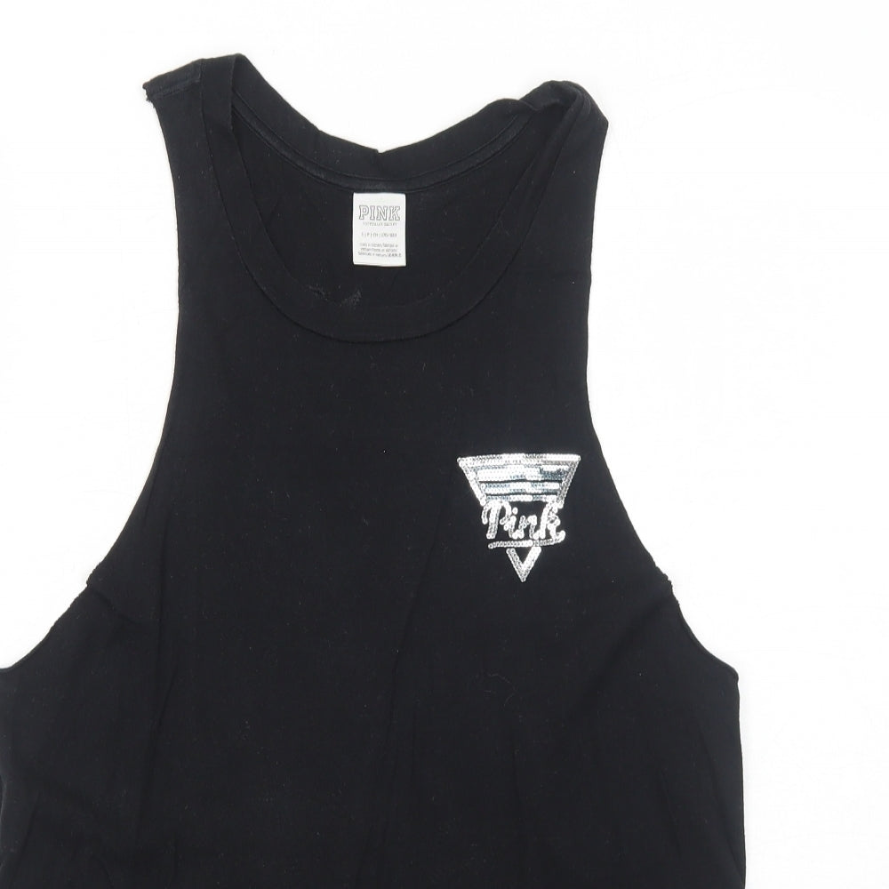PINK Womens Black Cotton Basic Tank Size S Round Neck
