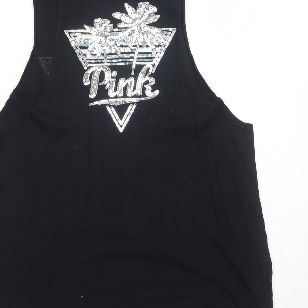 PINK Womens Black Cotton Basic Tank Size S Round Neck