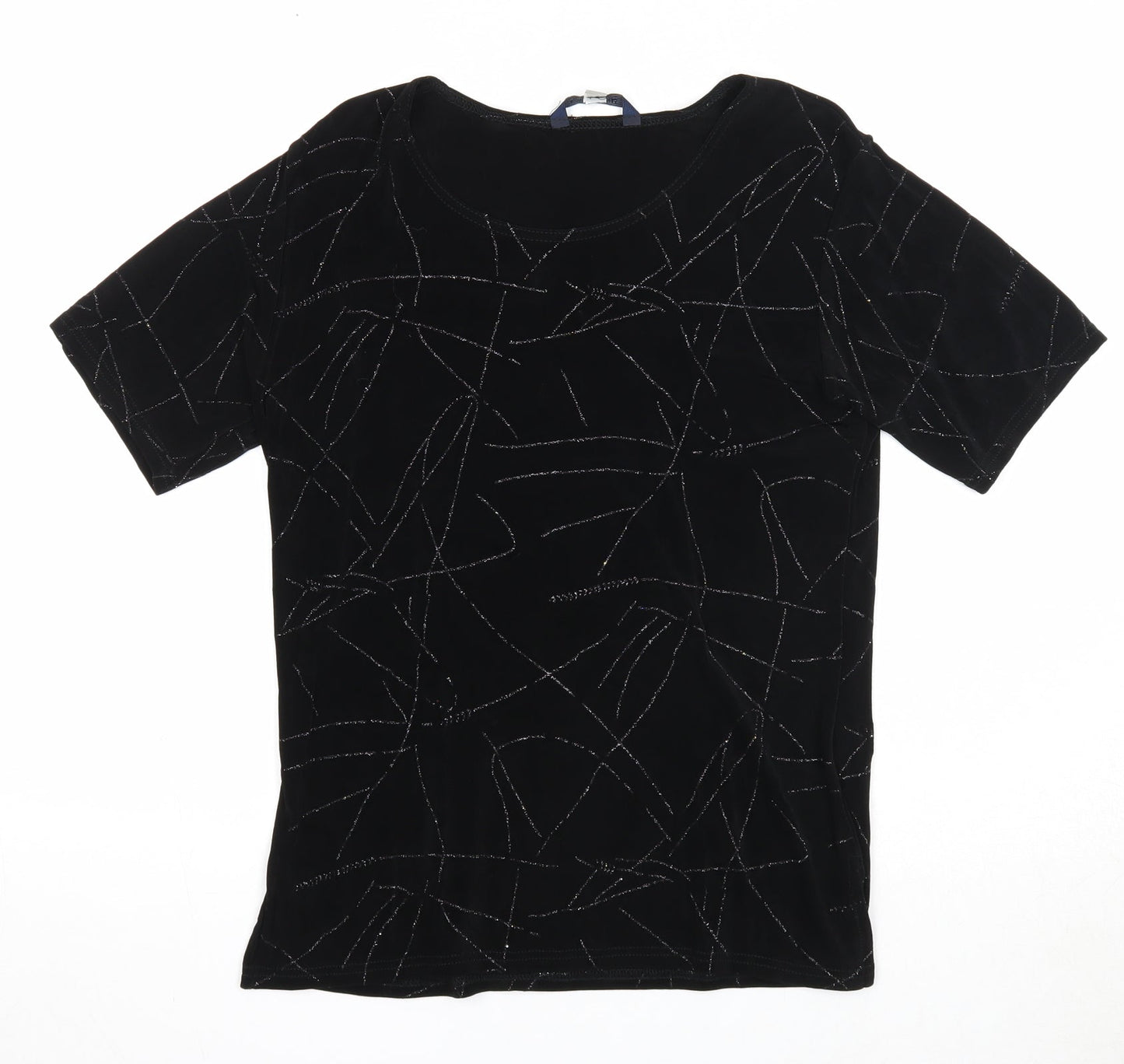 Twotone Designs Womens Black Geometric Acetate Basic T-Shirt Size 12 Round Neck