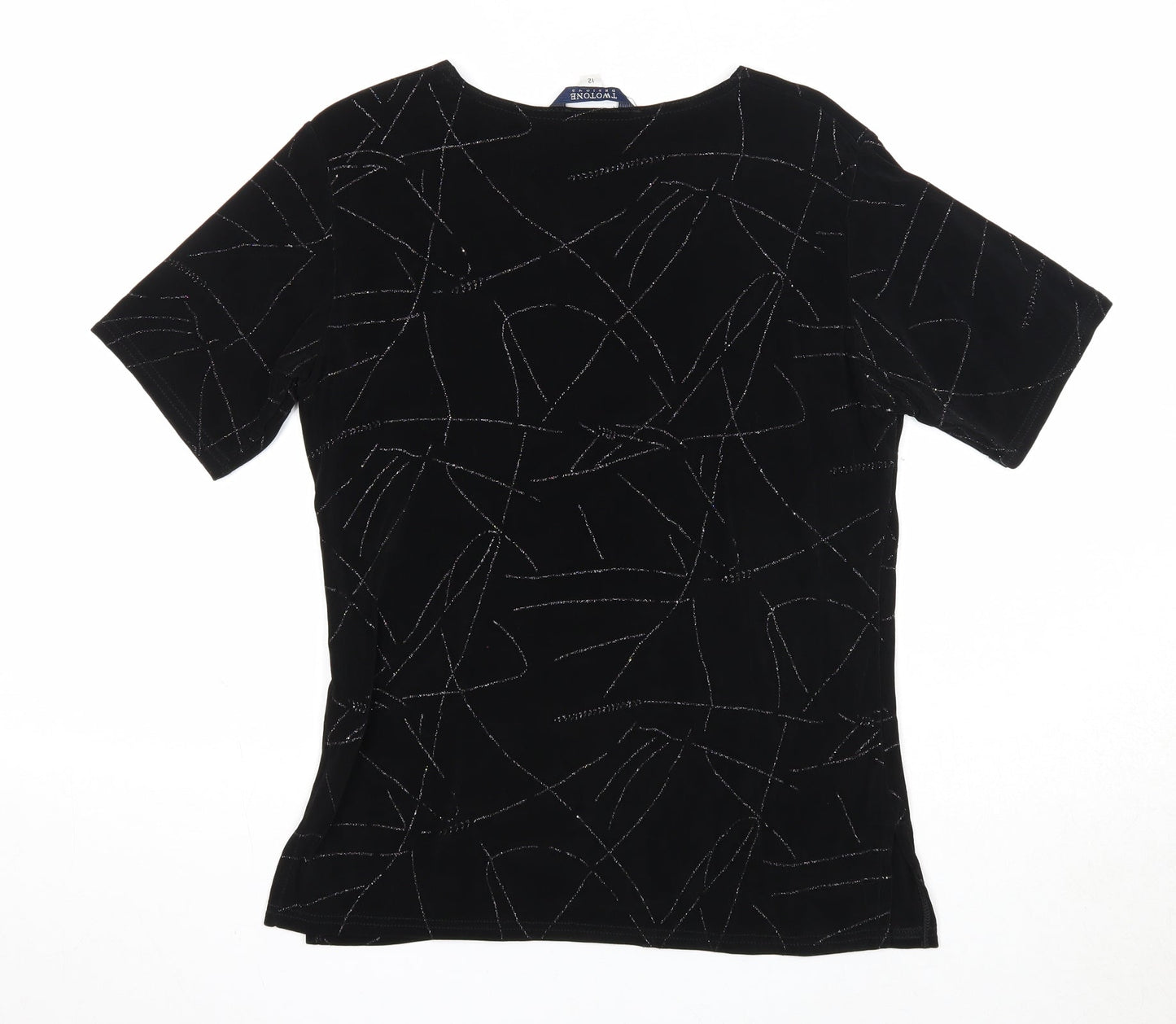 Twotone Designs Womens Black Geometric Acetate Basic T-Shirt Size 12 Round Neck