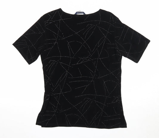 Womens UK Size 12 Twotone Designs Black Acetate T-Shirt