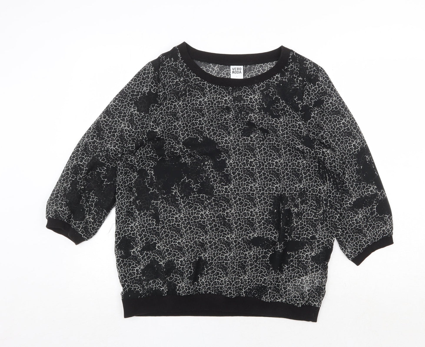 VERO MODA Womens Black Geometric Polyester Basic Blouse Size L Round Neck