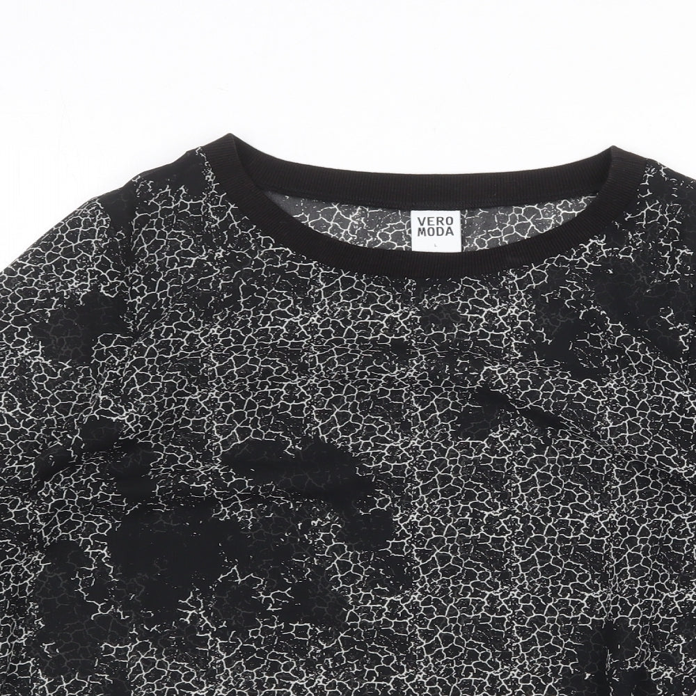VERO MODA Womens Black Geometric Polyester Basic Blouse Size L Round Neck