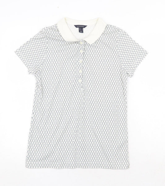 Lands' End Mens White Geometric Cotton Polo Size S Collared Button