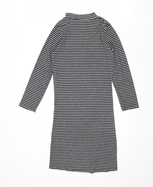 Poof Womens Grey Striped Polyester Jumper Dress Size S Mock Neck Pullover