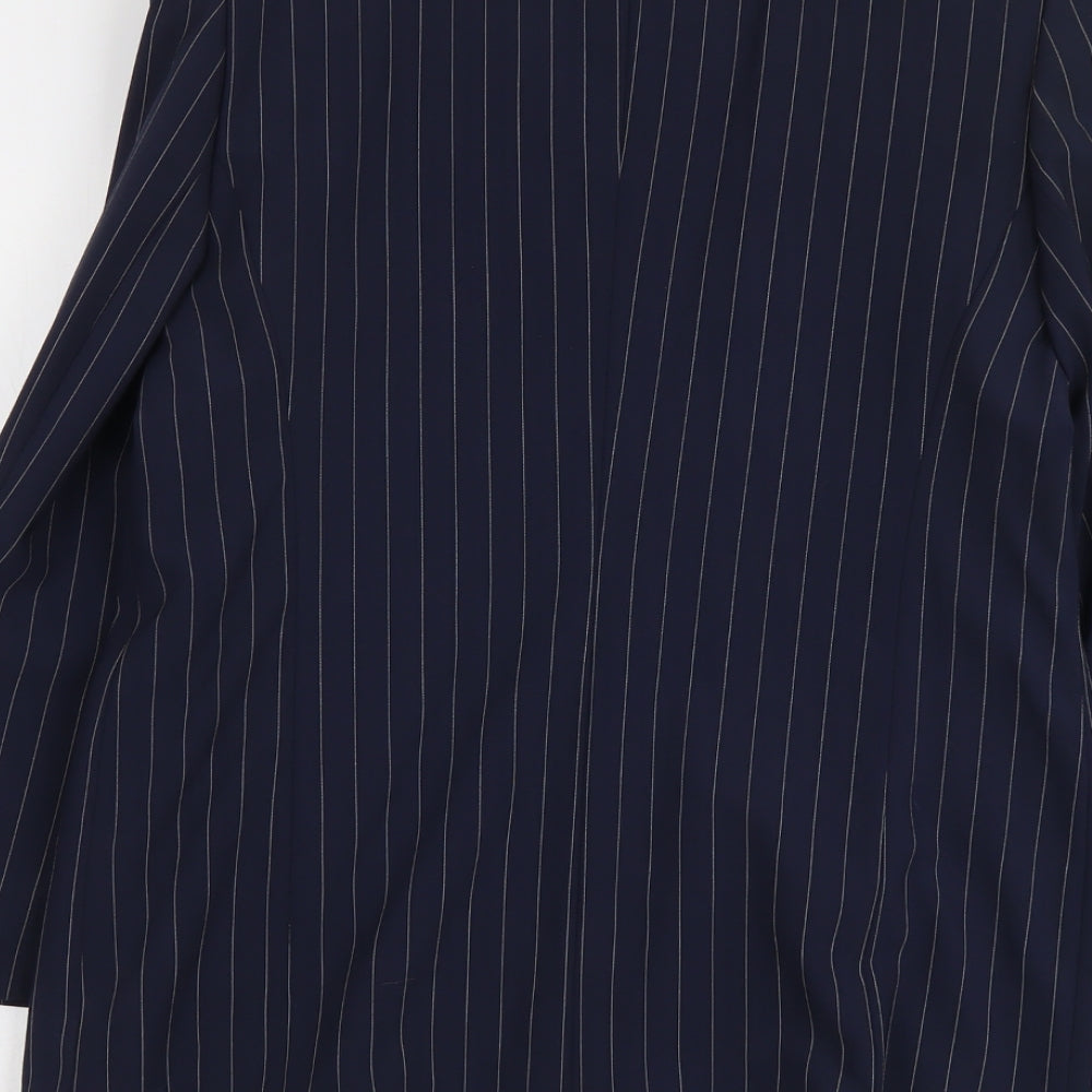 Brand and care label for C&A women’s blue striped polyester jacket suit jacket, size UK 14