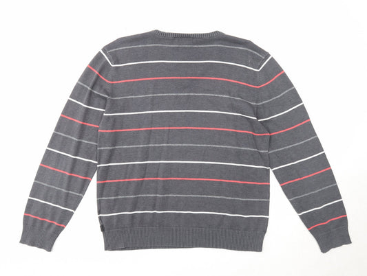 Grey Connection Mens Grey V-Neck Striped Cotton Pullover Jumper Size M Long Sleeve