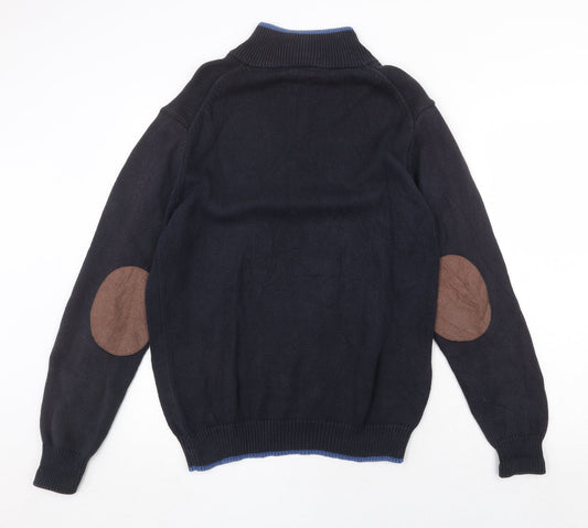 J.Hampton Mens Blue High Neck Cotton Henley Jumper Size M Long Sleeve - Elbow Patches