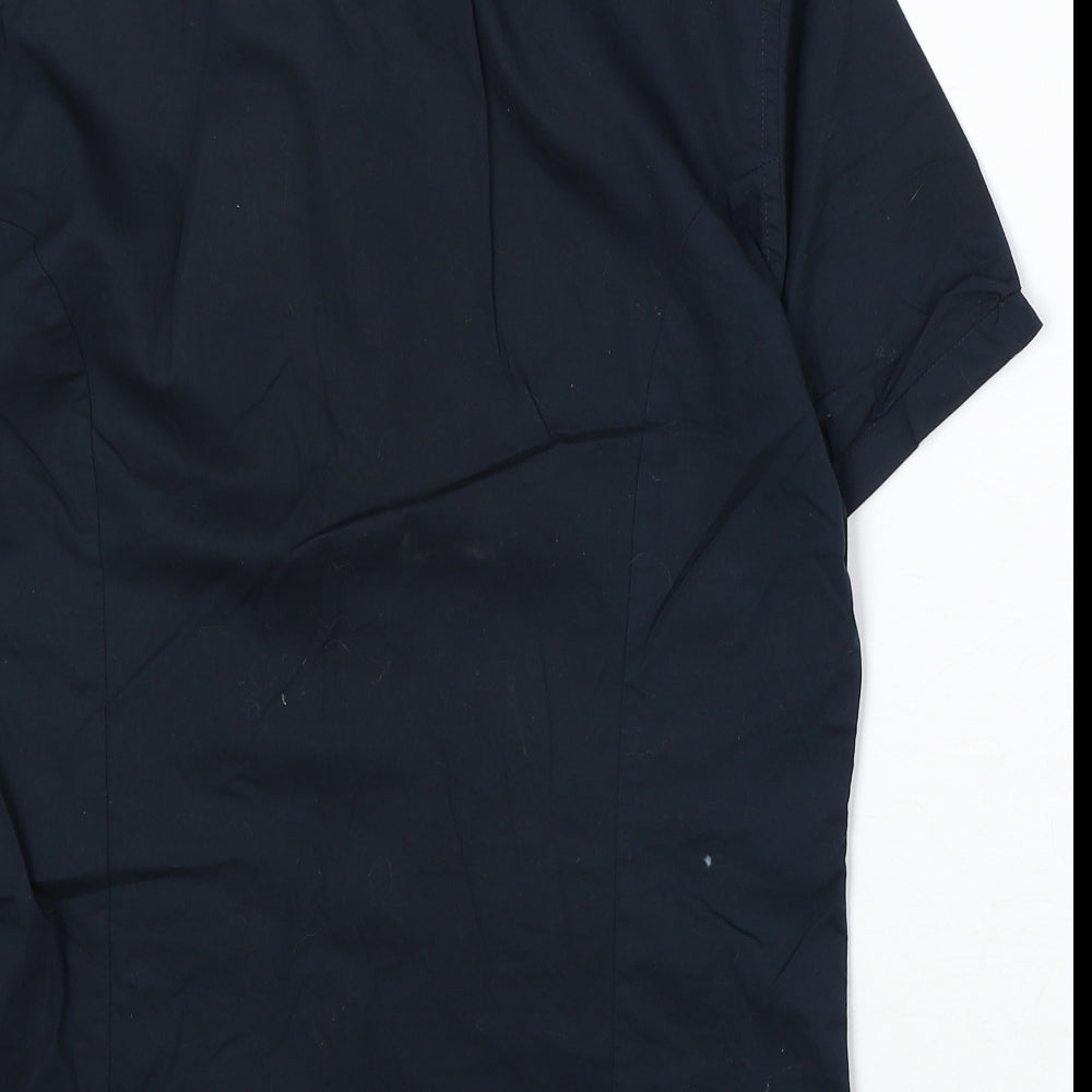 Brand and care label for ASOS men’s blue cotton button-up, size S, collared button