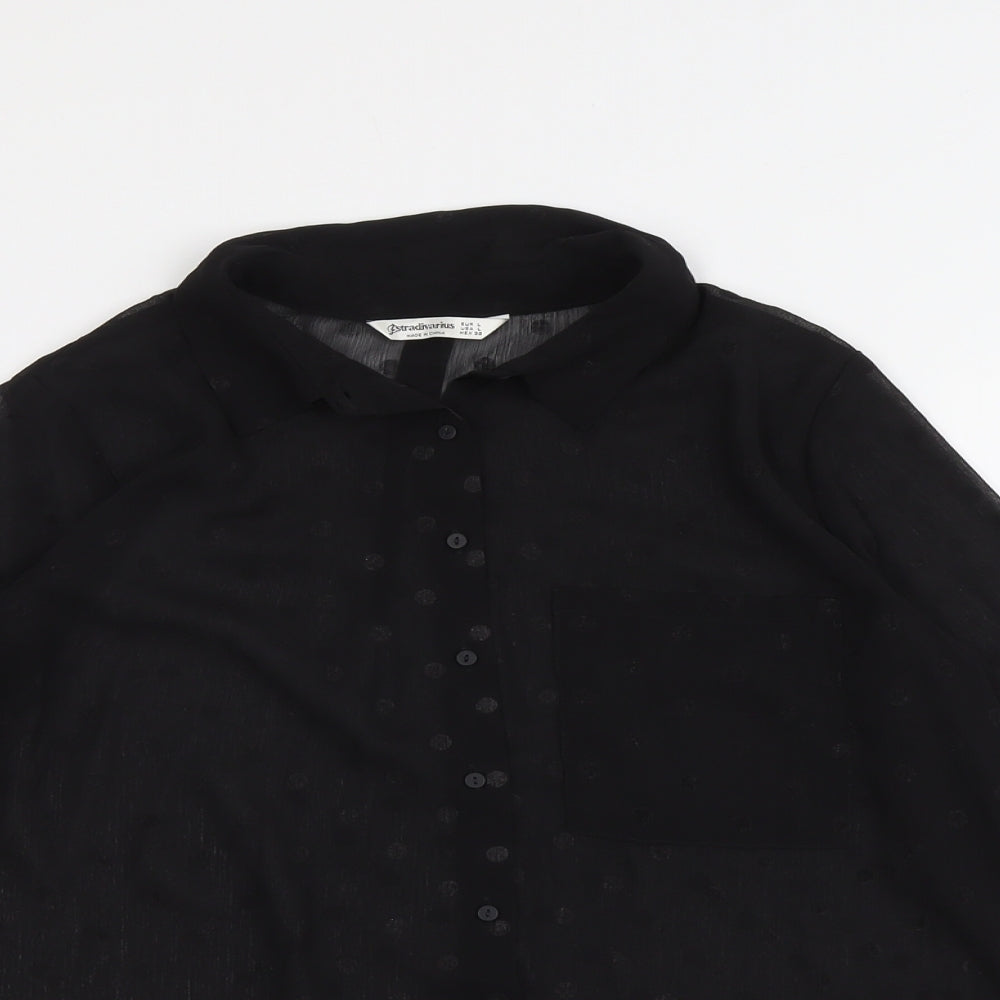 Stradivarius Womens Black Polka Dot Polyester Basic Button-Up Size L Collared