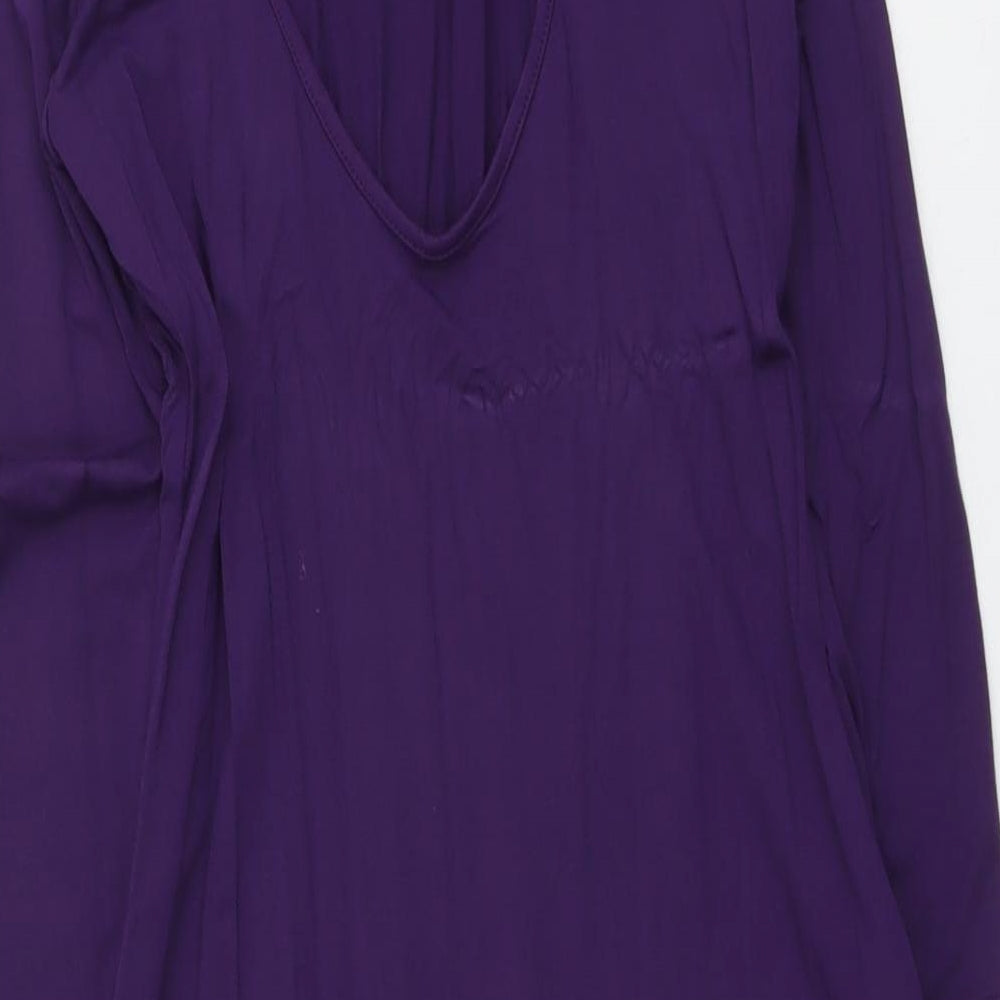 Brand and care label for ASOS women’s purple viscose pencil dress, size UK 10, round neck pullover