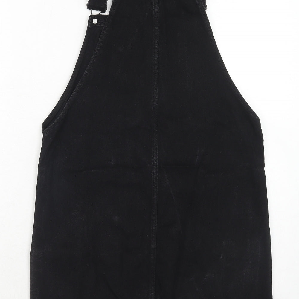 New Look Womens Black Cotton Pinafore/Dungaree Dress Size 6 Square Neck Buckle